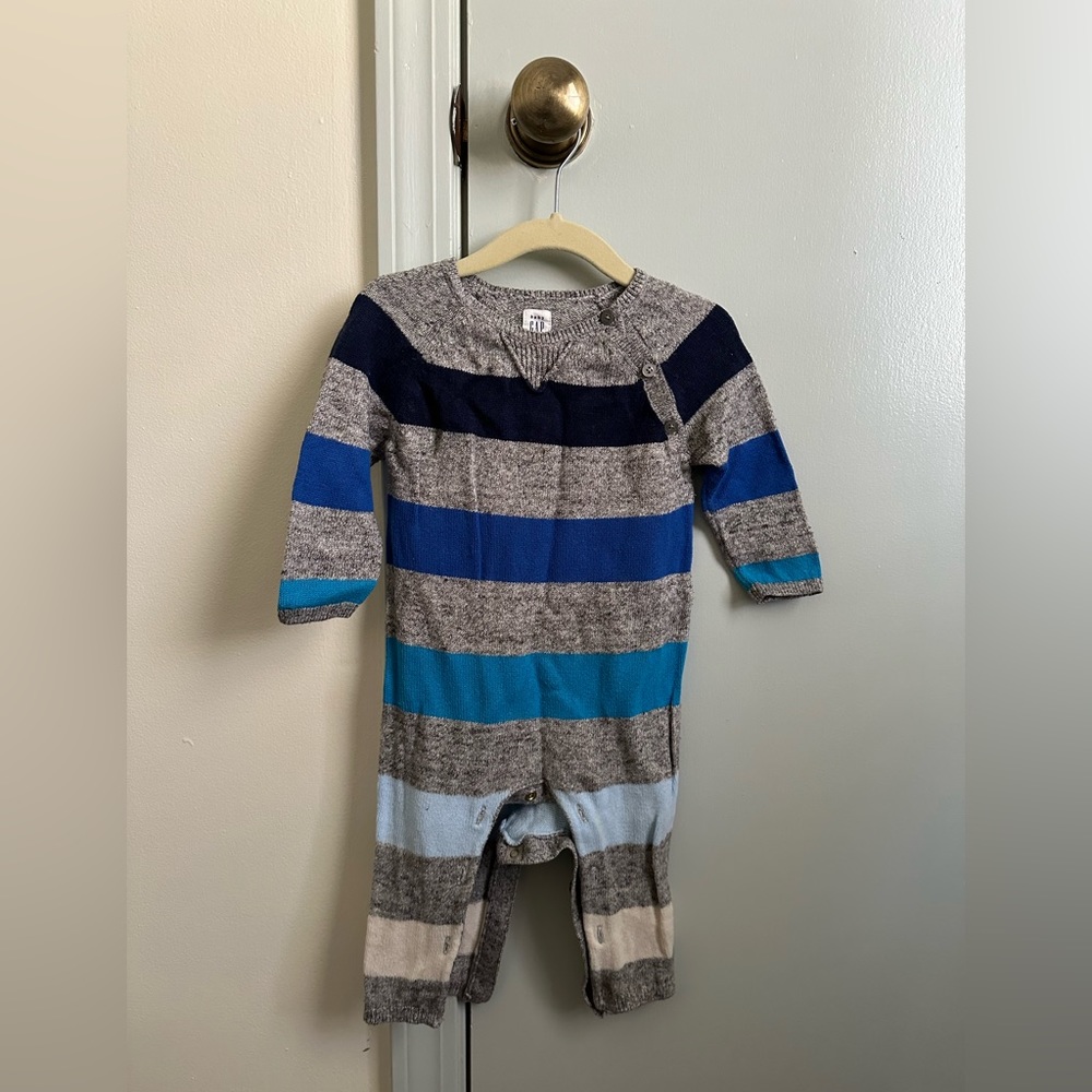 Baby gap blue and gray striped knitted jumpsuit